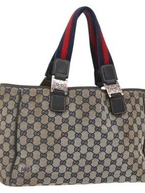 GUCCI GG Canvas Sherry Line Tote Bag Navy Red